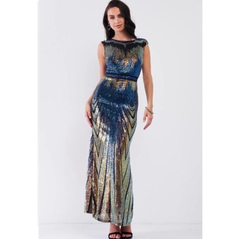 Dellore New Blue Black Tank Cleopatra Goddess Full Sequin Maxi Dress Gown Small